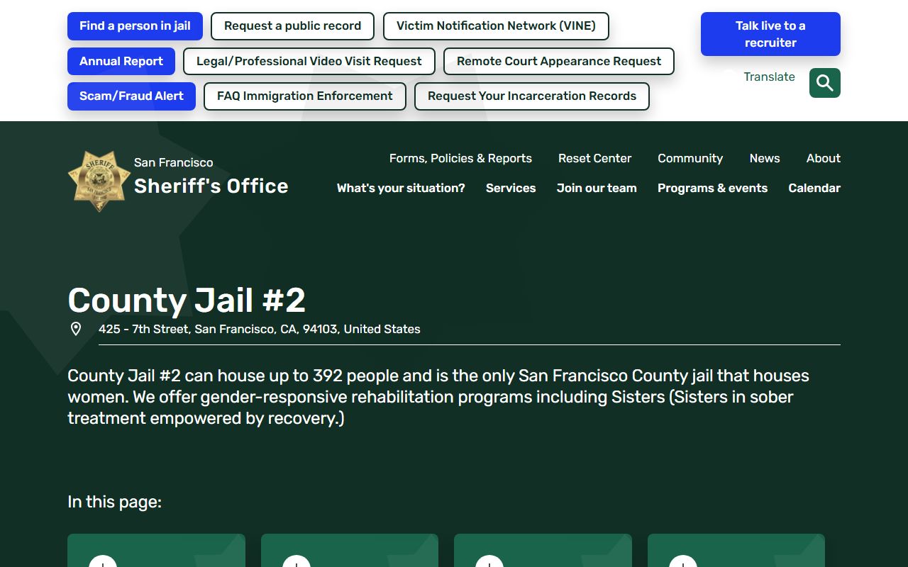 San Francisco County Jail #2 inmate custody facility page