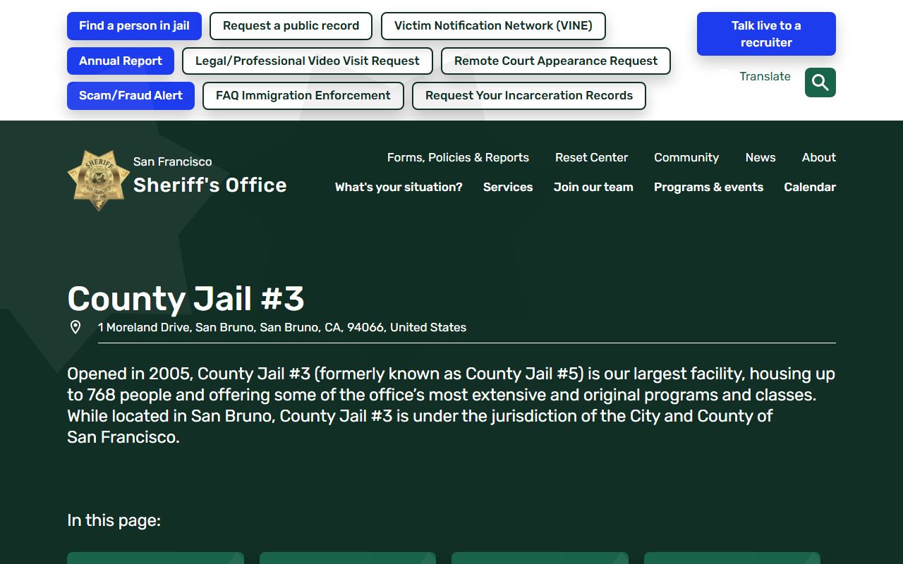 San Francisco County Jail #3 roster and custody facility page
