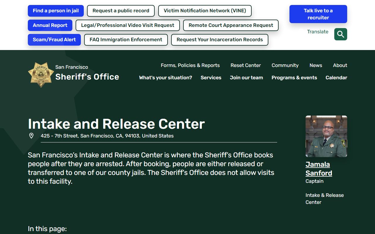 San Francisco County Intake and Release Center booking lookup page