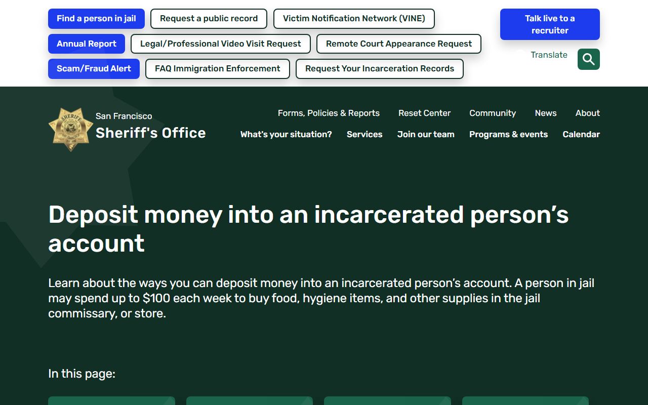 San Francisco County Jail #3 Annex money deposit options