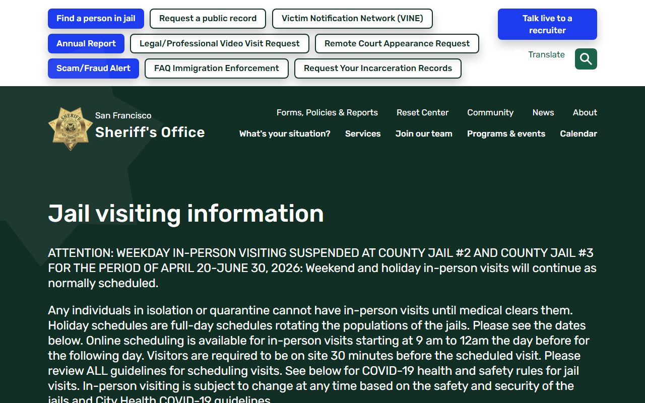San Francisco County Jail #3 visiting schedule and rules