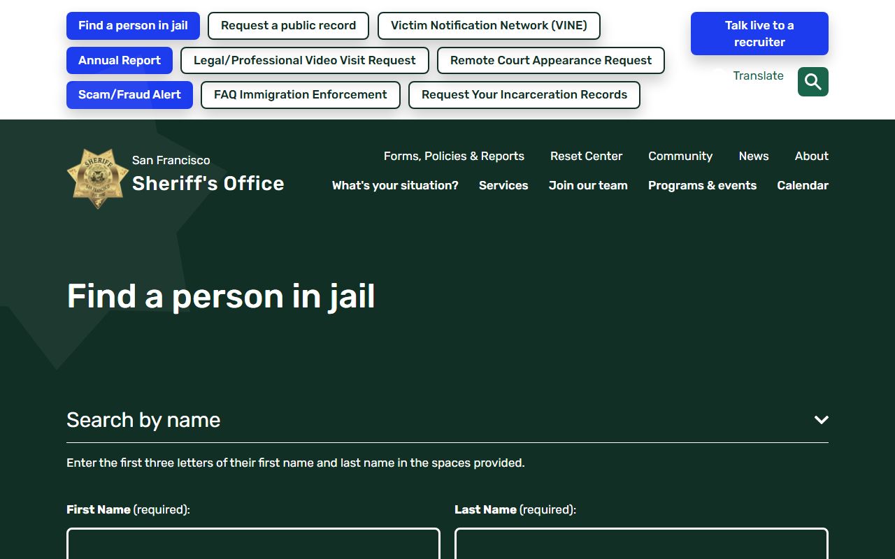 San Francisco County inmate roster search fields on the SFSO Find a Person in Jail page