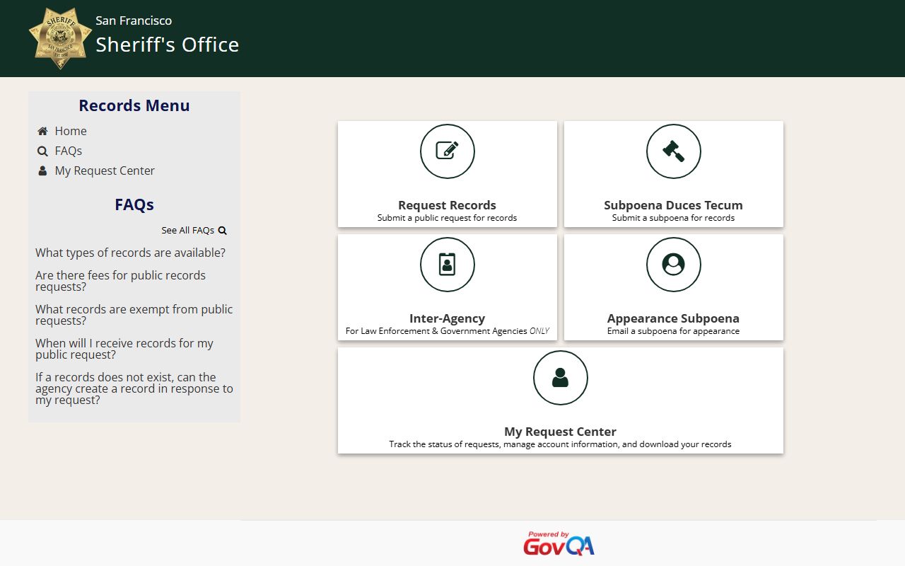 San Francisco County booking photo records request through the SFSO GovQA portal