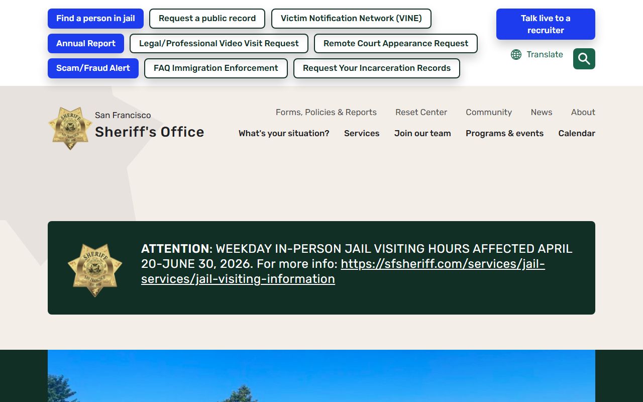 San Francisco County inmate population jail count on the SFSO homepage